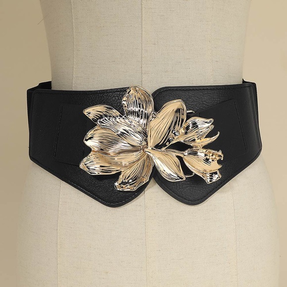 Gold or Silver Metal Floral Buckle Accent Wide Stretch Elastic Statement Belt main image 7
